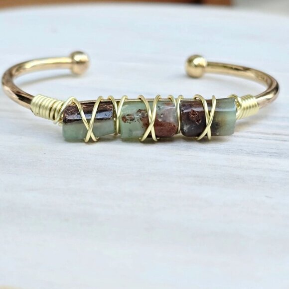 Australian Jade Wire Wrap Bracelet In 14Kt Gold Over Copper – Handmade & NWT - Picture 4 of 9